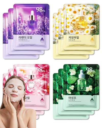 Image of Face Mask Set-12 Pack Hydrating Soothing Facial Sheet Masks, Rose Lavender Oil Chamomile Glowing Skin Moisturizing Skincare Facial Mask, Mother's Day Skin Care Products Gift Kit for Women Girls-Set D