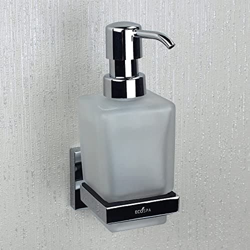 Image of ECOSPA Wall Mounted Frosted Glass Soap Dispensor and Chrome Holder with a Smooth Action Pump, Easy to Fill Bottle. This will add some Elegance and Class to your Bathroom.