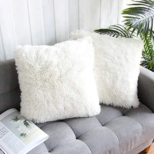 Image of Uhomy 2 Packs Fall Winter Home Decorative White Fluffy Plush Pillow Cover 20"x20", Luxury White Faux Fur Throw Pillow Case Square Cushion Pillow Cover for Sofa Bed,Zippered True White 50x50 cm