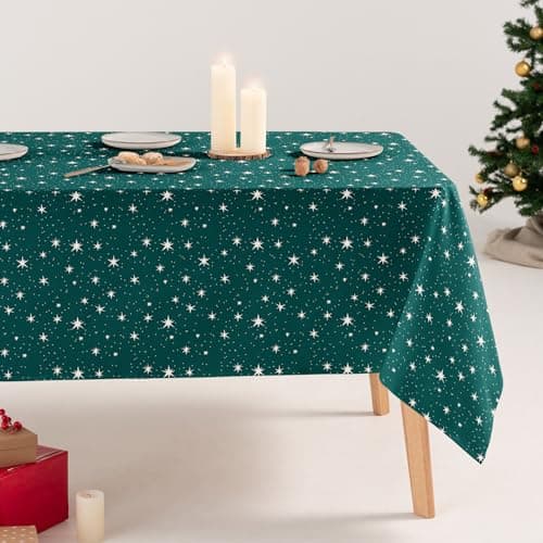 Image of GAMUSI Stain Resistant Tablecloth Christmas Stars Cotton Print Rectangular Fabric Cotton 160x350cm, Green