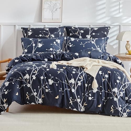 Image of Lekesky Dark Blue Double Duvet Cover Set Floral Bedding Set Botanical Flowers Print Duvet Set for Double Bed (1x Quilt Cover, 2x Pillowcases) Ultra-Soft Microfiber Blue Bedding