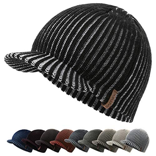 Image of ZOWYA Brim Beanie Hat for Men & Women Warm Winter Skully Cap Daily Visor Beanie Thick Billed Hats Winter Hats with Brim Vintage Acrylic Contrast Color (Black)