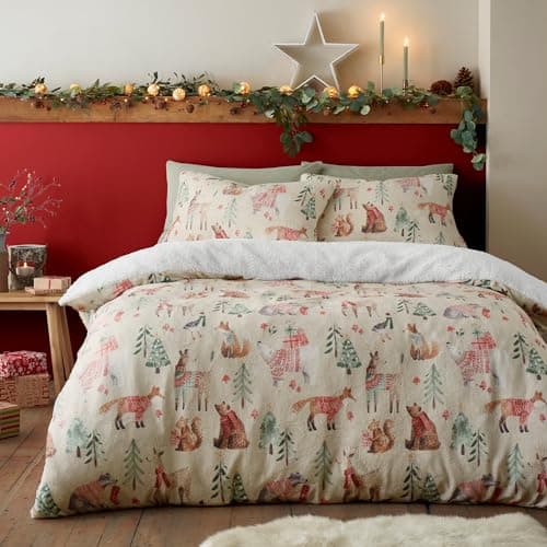 Image of Fusion Woodland Animals Duvet Cover Double Bed Teddy Fleece Winter Bedding (200x200cm) – Reversible – 2 Pillowcases – Natural Christmas Design – Soft Festive Bedding, Cream