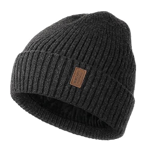 Image of Wmcaps Beanie for Men, Unisex Classic Knit Beanie Winter Hat Stretchy Soft Cuffed Wooly Beanies with Thermal Thick Fleece Lining, Gifts for Men/Women/Her/Him/Dad(Dark Grey)
