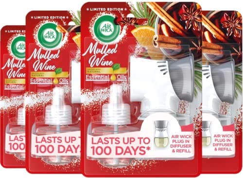 Image of Air Wick Plug in Diffuser Kit, Mulled Wine, Pack 4 x Kits, 1 Device & 1 Refill, Long Lasting Fragrance, Lasts up to 400 days, Plug in Air freshener