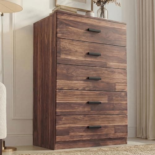 Image of Blisswood 5 Drawer Chest of Drawers, Tall Bedroom Dresser with Smooth Metal Runners, Wooden Storage Cabinet for Bedroom, Living Room & Hallway, Grey, 70W x 40D x 100H cm (Wood+Rustic)