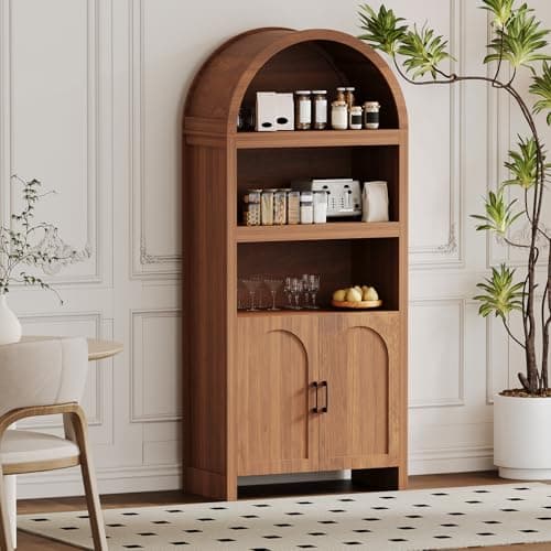 Image of 71" Tall Arched Cabinet, 5-Tier Arched Bookcase with Doors, 3 Open Display Shelves and Adjustable Shelf, Mid Century Storage Display Cabinet Kitchen Pantry for Office Dining Living Room- Brown
