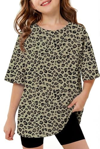 Image of Arshiner Girls' Leopard Print T Shirt Round Neck Short Sleeve Tshirt Slit Hem Casual Sports T Shirt Kids' Summer Streetwear Solid Shirts Basic Soft Tee for Girls 10-11 Years