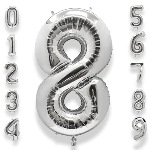 Image of Silver Large Number 8 Balloons: 40 Inch Large Foil Number Balloons Big SizeHelium Balloon Age 0-9 Mylar Balloons for Kids Boy Girl 8 Birthday Party Baby Shower Anniversary Decorations