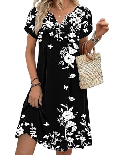 Image of Zeagoo Womens Summer Dress Floral Elegant V-Neck Short Sleeve Dresses A-Line Swing Pleated Dress with Pockets Black White Flowers L