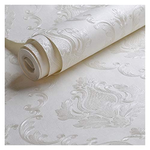 Image of White Embossed Damask Wallpaper Bedroom Living room Background Floral Pattern 3D Textured Wall Paper Home Decor 10M Roll Wallpaper (Color : RT00201, Dimensions : 9.5mx53cm)