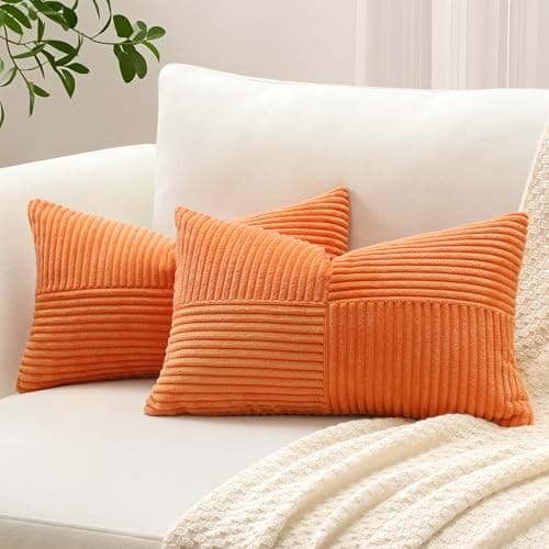 Image of Sungeek Set of 2 Decorative Cushion Covers 40 x 60cm Soft Corduroy Striped Cross Patchwork Textured Pillow Covers Solid Lumbar Throw Pillow Cases for Sofa Bed Patio 16x24 Inch, Orange
