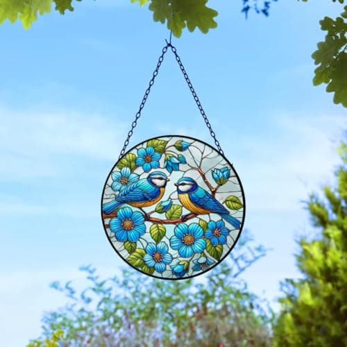 Image of Stained Glass Suncatcher Blue Tit Hanging Round Orbit Garden Decoration, 48cm x 23cm