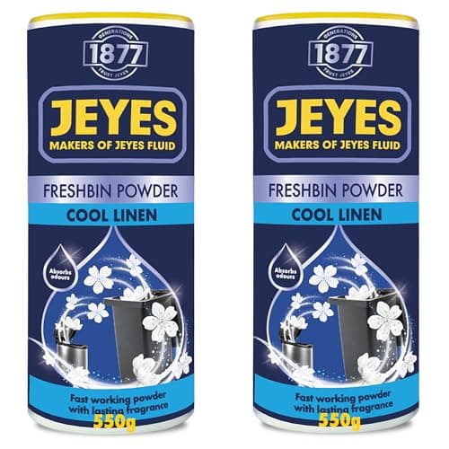 Image of Jeyes Freshbin Powder (2 x 550g) – Fast-Acting Odour Neutraliser with Cool Linen Scent – Absorbs Moisture & Fluid Leaks – Long-Lasting Indoor and Outdoor Bin Freshener and Bin Odour Eliminator