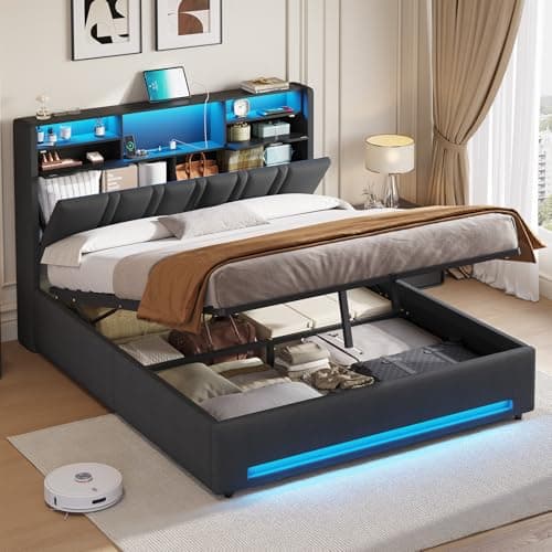 Image of DICTAC 5ft King Size Ottoman Storage Bed with RGB LED Lighting, Upholstered Bed Frame with Charging Station & Bookcase Headboard, Hydraulic Lift Up Storage Bed, 150x200 cm for Larger Bedrooms
