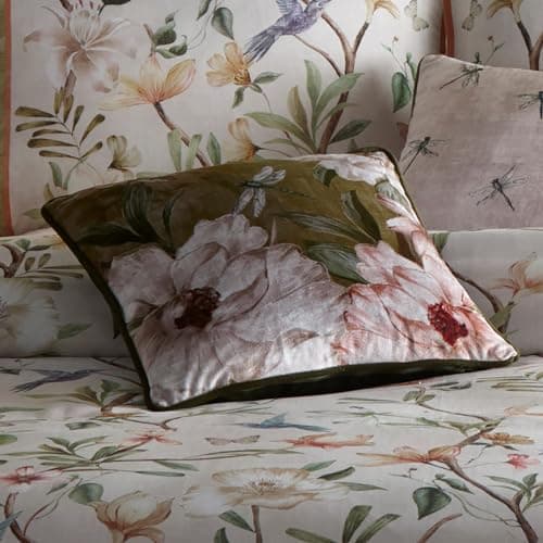 Image of Appletree Velvet Cushion – Green Floral & Dragonfly Reversible Design – 43 x 43cm Soft Touch Decorative Pillow with Filling – Piped Edge Cushion for Sofa, Bed & Home Decor – Matching Bedding Available