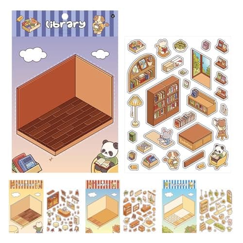 Image of Cartoon Miniature Scene Stickers, 3D Effect, Pack of 4 Decorative Stickers, Mobile Phone Case for Craft Enthusiasts - Scrapbook Greeting Card Notebook School Activity Children