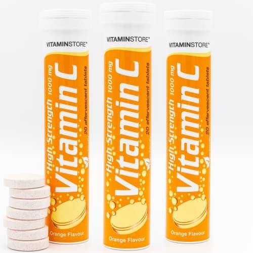 Image of Vitamin Store 60 High Strength Vitamin C (1000mg) Effervescent Tablets - 3 Packs of 20 Vitamin C Dissolvable Tablets - One-a-Day - Soluble Orange Flavoured Vitamin C Fizzy Tablets to Support Immunity