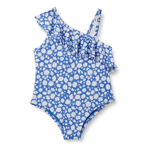Image of Amazon Essentials Girls' Asymmetric Frill One-Piece Swimsuit, Blue Ditsy Floral, 11-12 Years
