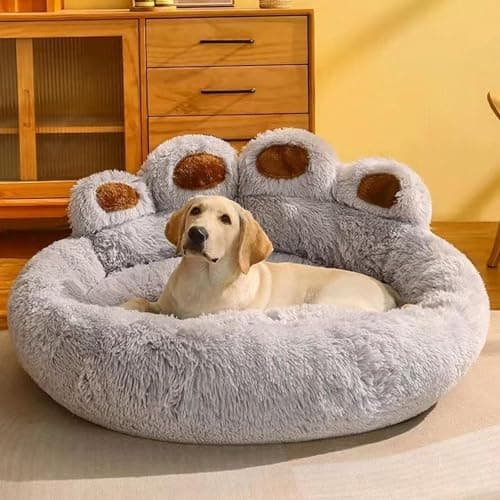 Image of JupiterJX Fluffy Calming Dog Bed, Plush Bed For Cats & Dogs, Cute Bear Paw Shaped Comfortable Cozy Pet Sleeping Beds For Small Medium & Large Dogs, Soft Cat Cushion (Grey, 90 cm)