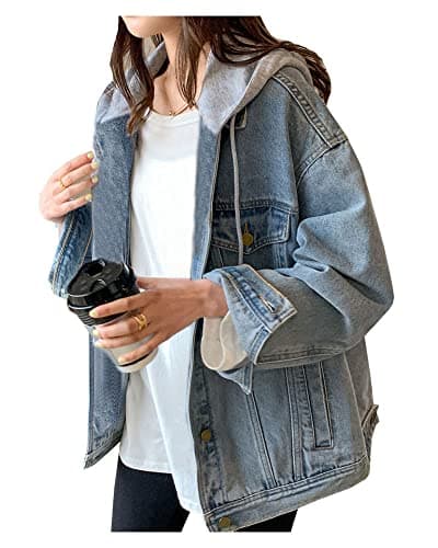 Image of LifeShe Women's denim jacket with hood oversized distressed jean jackets hoodie, Blue, S