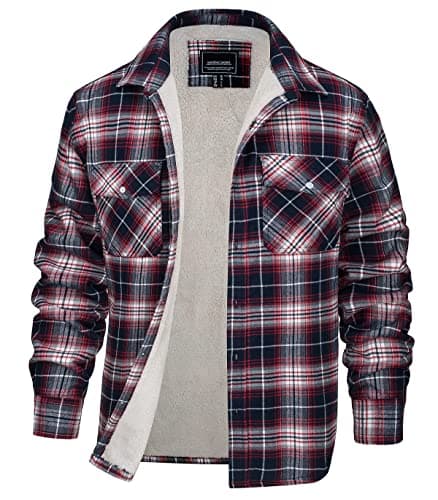 Image of EKLENTSON Men's Sherpa Shirt Jacket Thick Flannel Shirts Fleece Lined Long Sleeve Winter Cotton Coat with 3 Pockets,Red,XL