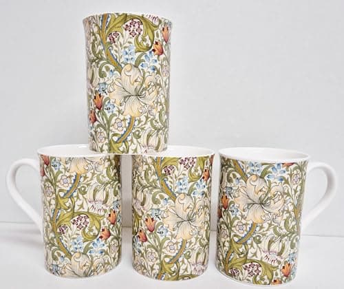 Image of Rainbow Decors William Morris Golden Lily Mugs Set of 4 Bone China 300 ml Windsor Lilies Floral Cups Hand Decorated UK