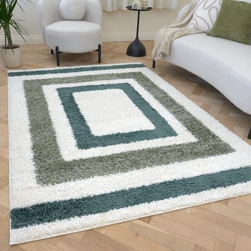 Image of THE RUGS Soft Shaggy Area Rug – Modern Patterned Carpet for Living Room & Bedroom, Extra Plush, Easy to Clean, Border Design (80x150 cm, Forest & Sage Green)