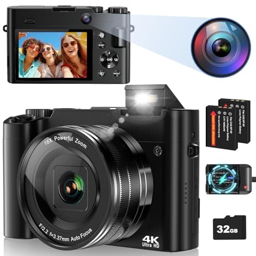 Image of Digital Camera, 4K 64MP Autofocus Vlogging Camera for Photography and Selfies, Compact Camera with 32G SD Card 3'' LCD Screen 16X Digital Zoom Anti-Shake Flash Camera for Beginners Adults