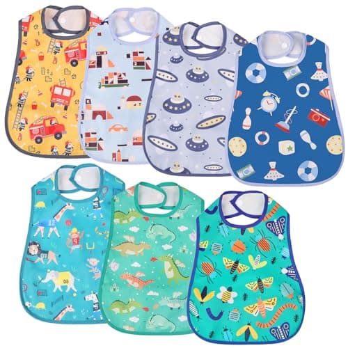 Image of Aolso Baby Feeding Bibs, 7pcs Waterproof Weaning Bandana with Large Pocket for Drool and Food, Suitable for Toddler Infant Kids (Boy-B)