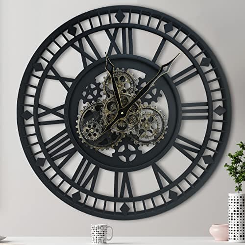 Image of DORBOKER Large Real Moving Gears Wall Clock Oversized Modern Industrial Steampunk Cog Decorative Big Metal Skeleton Clocks for Studio Home Farmhouse Office 60CM (Black)
