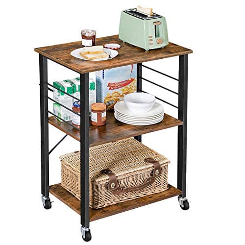 Image of VASAGLE Kitchen Shelf on Wheels, Serving Trolley with 3 Shelves, Microwave Shelf, for Mini Oven, Toaster, with 6 Hooks, Industrial Style, Rustic Brown and Black KKS60XV1