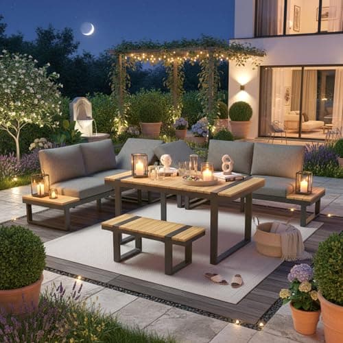 Image of BTM 6-7 Seater Garden Lounge & Dining Set,Galvanized Iron Frame Outdoor Patio Furniture, 6-Piece Set,Includes 2 adjustable backrest seats, plastic wood tabletop, grey