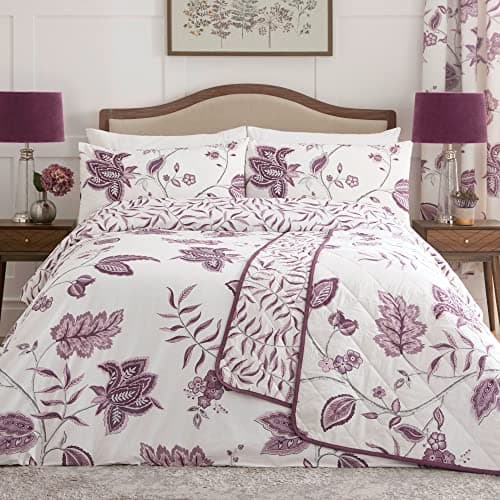 Image of Dreams & Drapes Purple Floral Duvet Cover Set – Double Size (200 x 200cm) – Plum Damask Bedding – Vintage White & Purple Quilt Cover – Traditional Bedroom Set