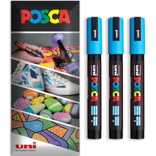 Image of Posca Water Based Acrylic Paint Marker Pens | Multi Surface Use Permanent Paint Pen | Pack of 3 Pens in Envelope Gift Packaging | Glass, Fabric, Canvas, Wood etc | PC-5M, Light Blue