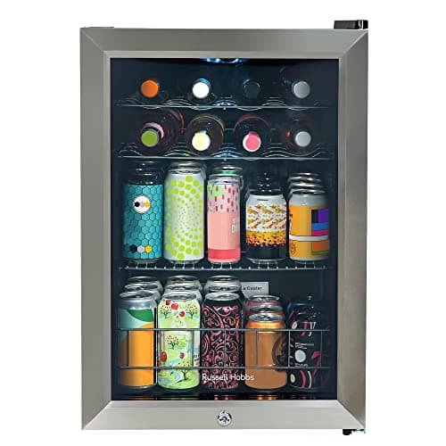 Image of Russell Hobbs Mini Fridge 20 Bottle/62L Lockable Freestanding Stainless Steel Table Top Mini Beer & Wine Fridge, LED Light & Lock and Key with Glass Door RHGWC4SS-LCK