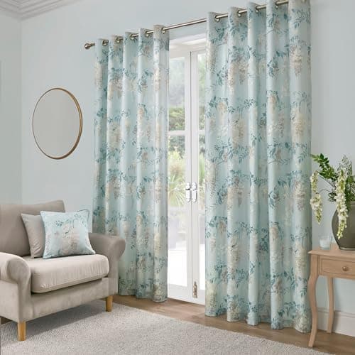 Image of Dreams & Drapes - Duck Wisteria Curtain W66 x L72" (168 x 183cm) - 2x Panels - Duck Egg Blue Floral Door Curtains for Bedroom/Living Room"}
