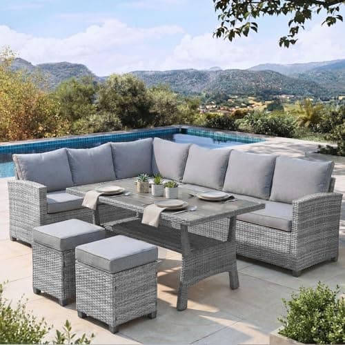 Image of EVRE Mumbai 8 Seater Rattan Garden Furniture Set, Corner Sofa Dining Set with Dining Table & Waterproof Cushions, Outdoor Patio Furniture, Modular Garden Sofa Set with Stools, Grey