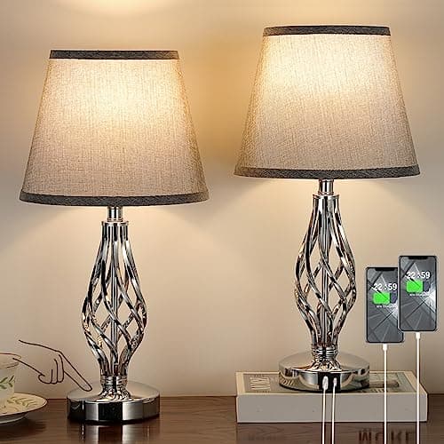 Image of Aooshine Touch Table Lamps Set of 2, Bedside Lamp with USB-C USB-A Ports, Bedroom Lamps with Grey Shade and Spiral Cage Design Base, 3 Way Dimmable Table Lamp for Bedroom Living Room and Hotel