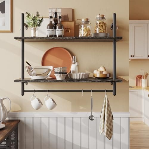 Image of Bestier Industrial Pipe Wall Shelf, 80cm Floating Shelves with Towel Bar and Hooks, Rustic Wall-Mounted Storage Rack for Kitchen, Bathroom, Coffee Bar or Living Room – Charcoal Black
