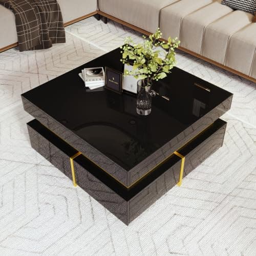 Image of Merax High-Gloss Coffee Table, Elegant Living Room Table with Gold Accents and Two Storage Drawers, Stylish Side Table for Living Room Furniture