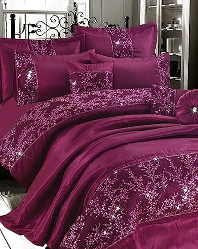 Image of Axcent Comfort Gigi King Size Embroidered Duvet Covers Set Plum Satin Silk Soft King Bedding 3 Pcs Duvet Set Quilt Sparkle Diamante Panel Style Duvet Cover with 2 Pillowcases