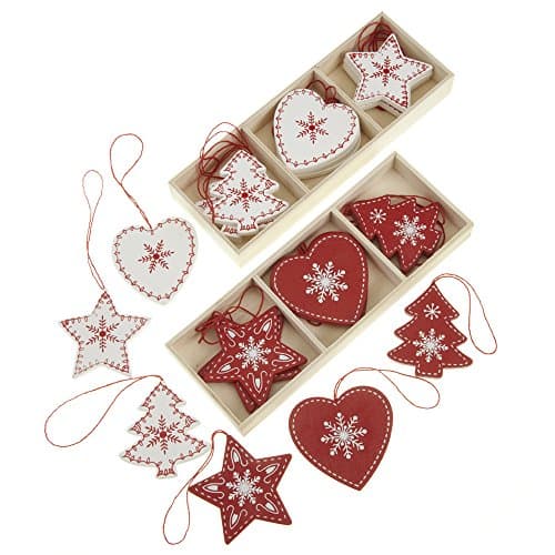 Image of 24 Red and White Wooden Traditional Christmas Tree Decorations in Heart, Tree and Star Shapes