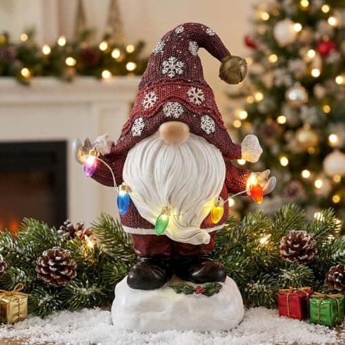Image of TERESA'S COLLECTIONS 19CM Solar-Powered Resin Red Christmas Gonk, Festive Decor with Auto-Light LED String, Weatherproof for Indoor Outdoor Garden Home Xmas Gift
