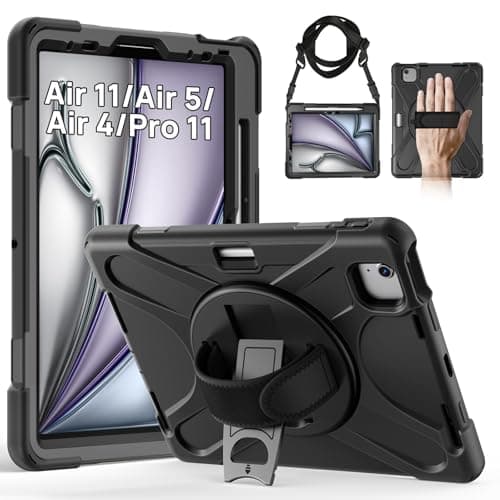 Image of Gerutek for iPad Air 11 inch Case M4/M3/M2 (2026/2025/2024),Shockproof Rugged iPad Air 5th/Air 4th Generation/Pro 11 Case with 360 Rotating Stand, Hand/Shoulder Strap,Pen Holder for iPad Air 11, Black