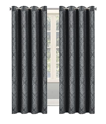 Image of OpulentDreams Embossed Woven Thermal Curtains - Room Darkening Ring-Top Curtains for Bedroom & Living Room - Includes Tie Backs - Pair of Panels (Grey Charcoal - Eyelet, 66" x 54" (168 x 137cm))