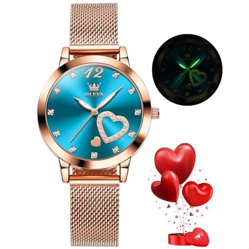 Image of OLEVS Ladies Watch Japanese Quartz Rose Gold Stainless Steel Mesh Strap Diamond Luxury Dress Waterproof Luminous Bracelet Sets