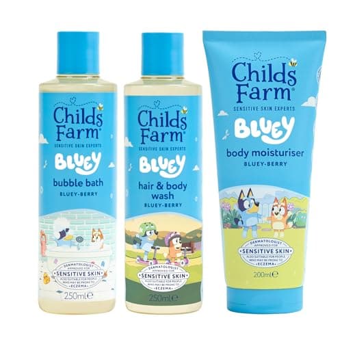 Image of Childs Farm Bluey Regime Bundle | Bluey-Berry Bubble Bath (250ml), Hair & Body Wash (250ml) and Body Moisturiser (200ml) | Suitable for Newborns, Kids & Adults with Sensitive, Dry Skin