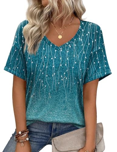 Image of Zeagoo Womens T-Shirts Short Sleeve V Neck Tops Floral Blouses Basic Casual T Shirt Summer Tee Top Size 14 Blue Green