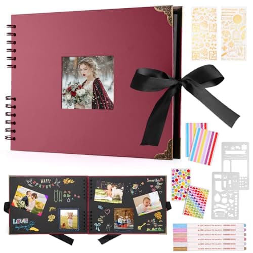 Image of DazSpirit Scrapbook Photo Album, 29.5 X 21 Cm Wedding Guest Book Black Pages, Interchangeable Cover, 240 Photo Capacity With Metal Pens, Stickers & Templates, Personalised Photo Book For Home(RedWine)